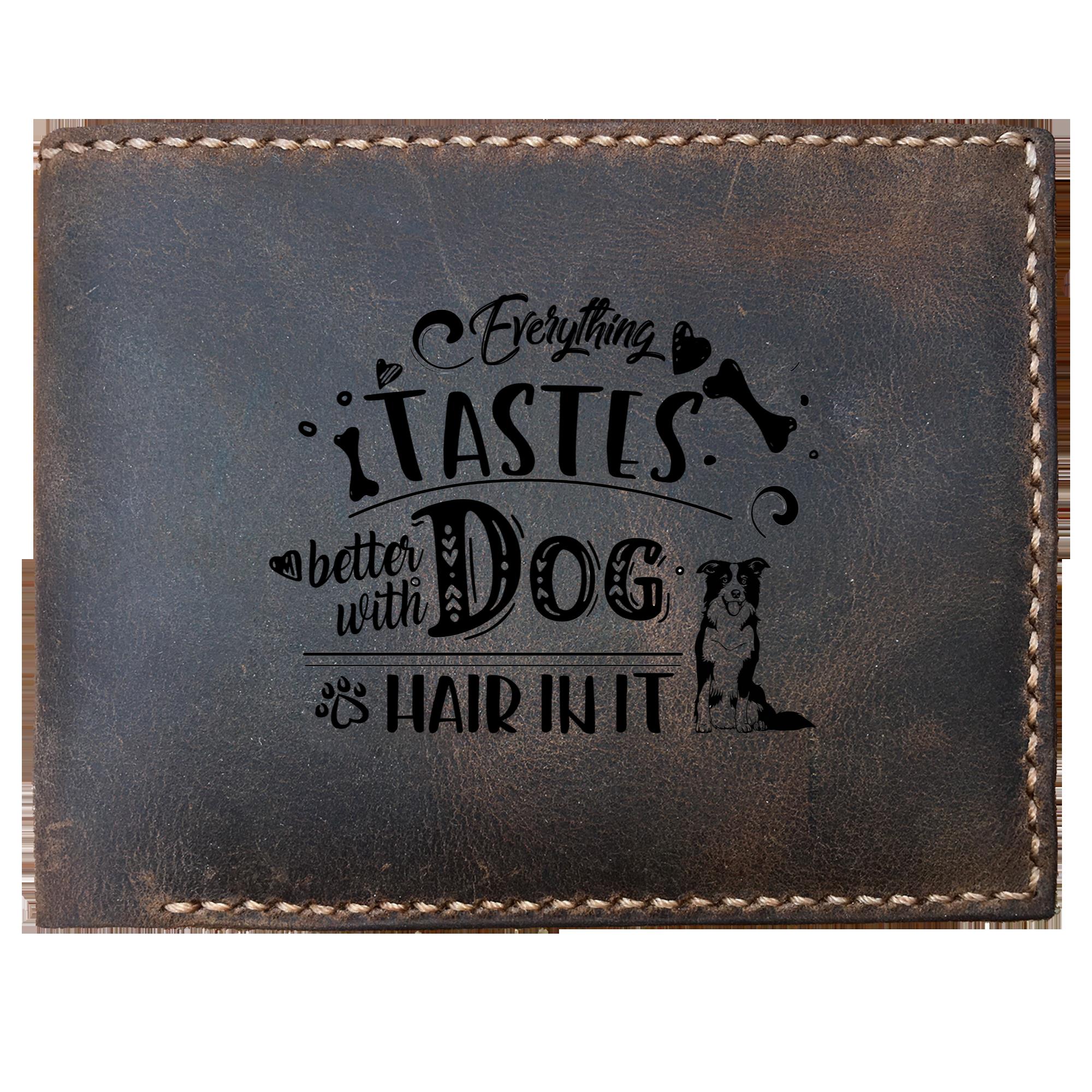 Funny Skitongifts Custom Laser Engraved Bifold Leather Wallet Vintage Border Collie - Everything Tastes Better With Dog Hair In It