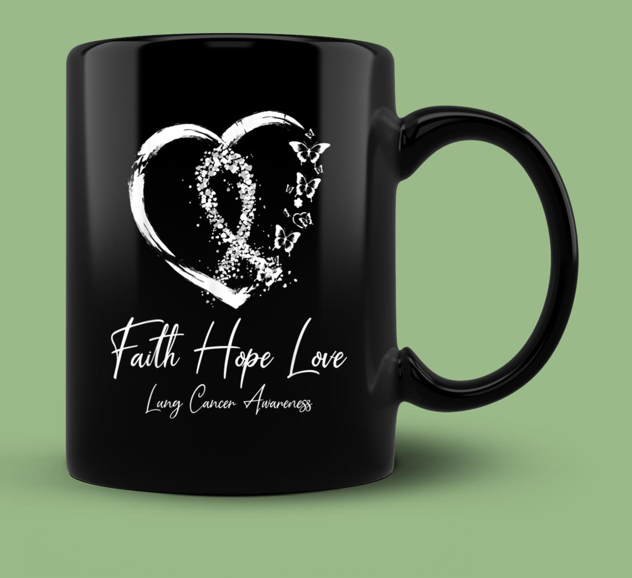 Skitongift Ceramic Novelty Coffee Mug Breast Cancer Awareness Mug White Ribbon Faith Hope Love Support Lung Cancer Warrior