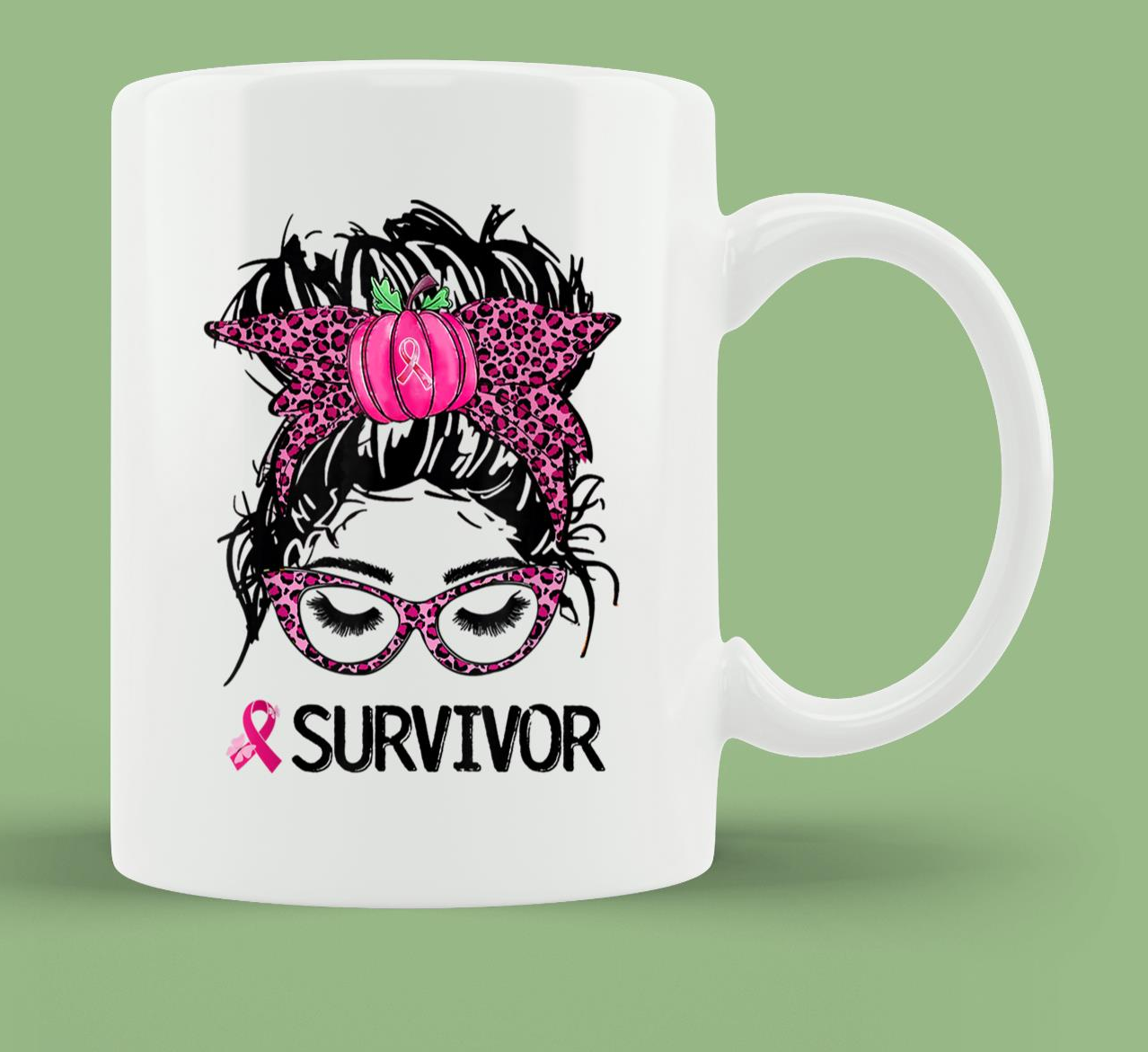 Skitongift Ceramic Novelty Coffee Mug Breast Cancer Survivor Messy Bun Pink Awareness Women Mug