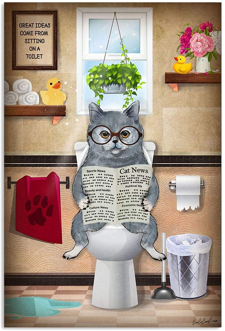 British Short Hair Cat Read Newspaper Toilet Bathroom Funny
