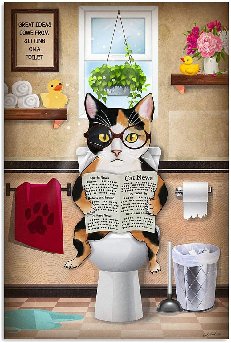 Calico Cat Read Newspaper Toilet Bathroom Funny Cat Funny Bathroom Toilet Decor