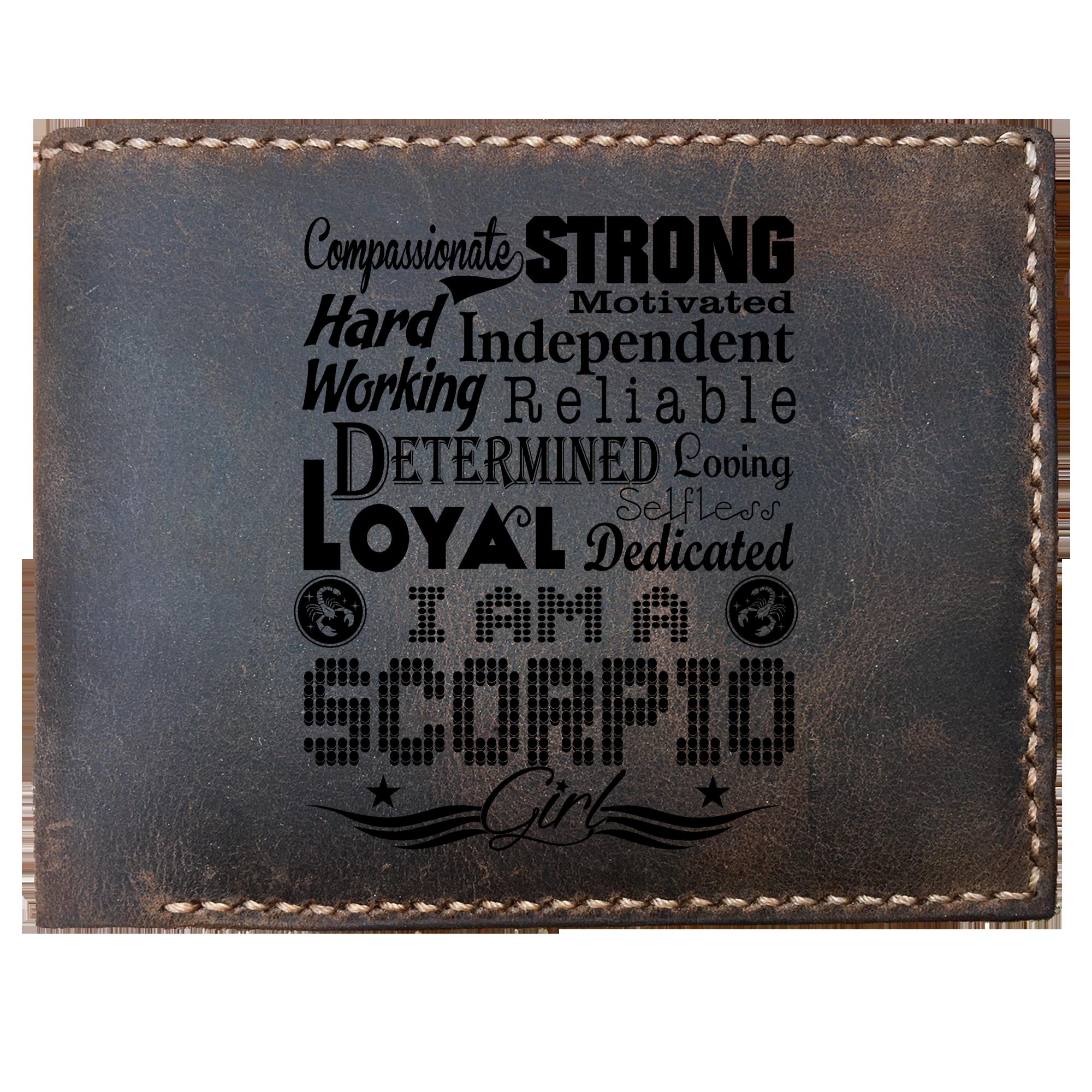 Skitongifts Funny Custom Laser Engraved Bifold Leather Wallet For Men, Campassionate Strong Reliable Loyal Scorpio Girl