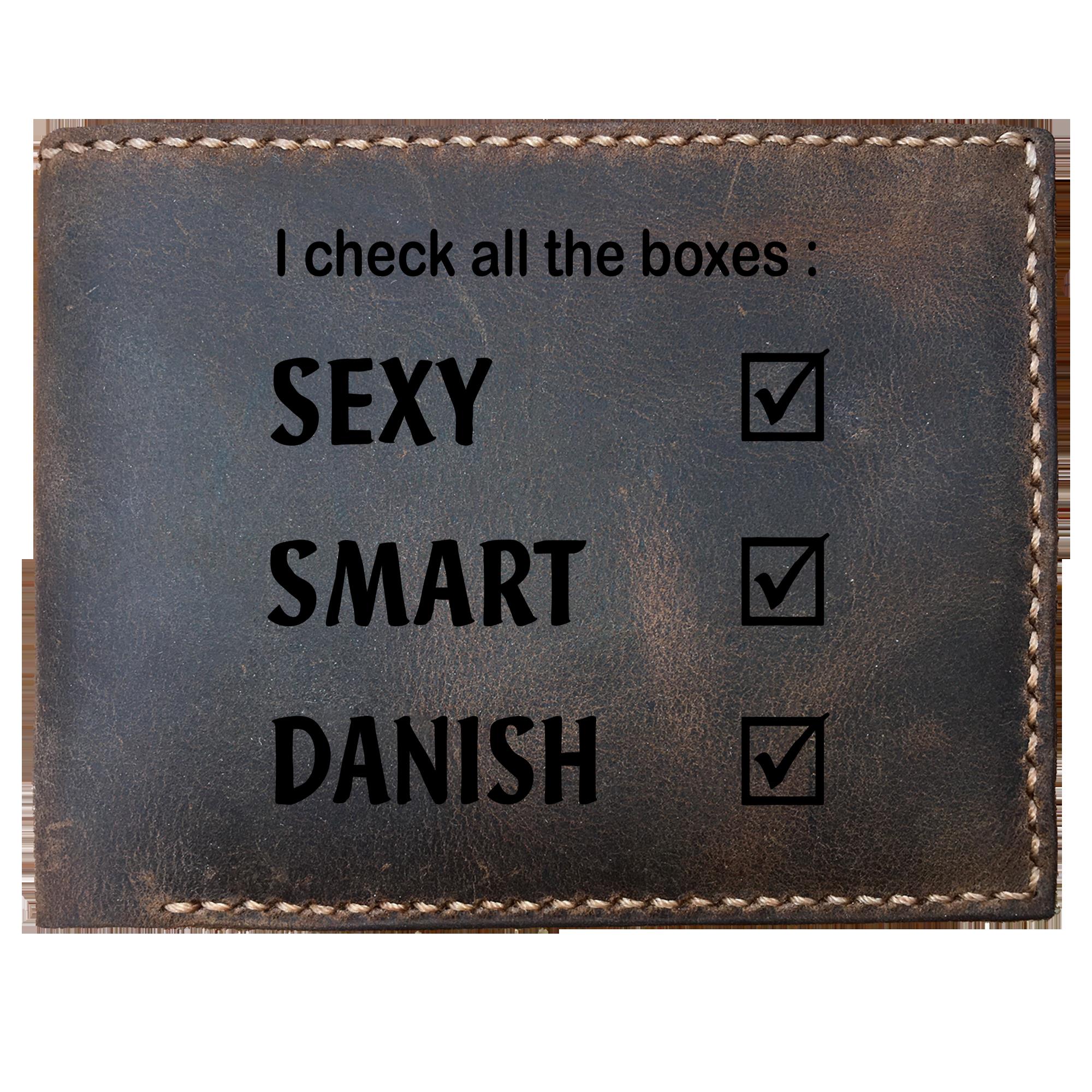 Skitongifts Funny Custom Laser Engraved Bifold Leather Wallet For Men, Check All Boxes Sexy Smart Danish