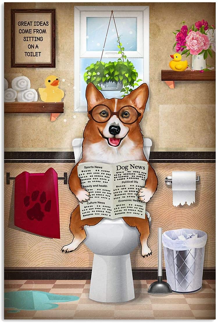 Corgi Dog Read Newspaper Toilet Bathroom Funny