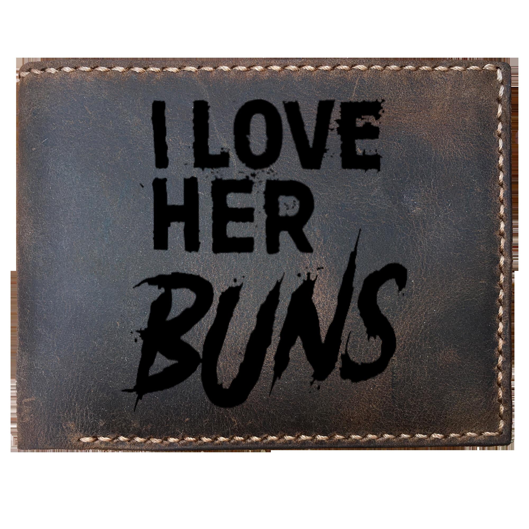 Skitongifts Funny Custom Laser Engraved Bifold Leather Wallet For Men, Couples Her Buns His Guns