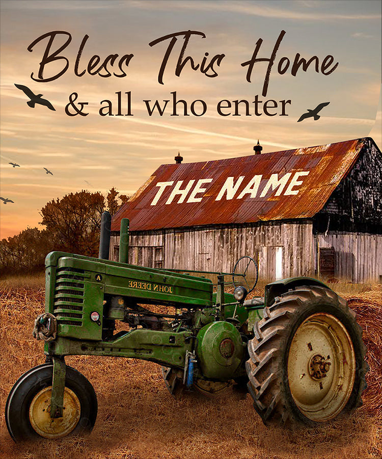 Custom Family Name And Established Year With Rustic Tractor And Barn Bless This Home And All Who Enter