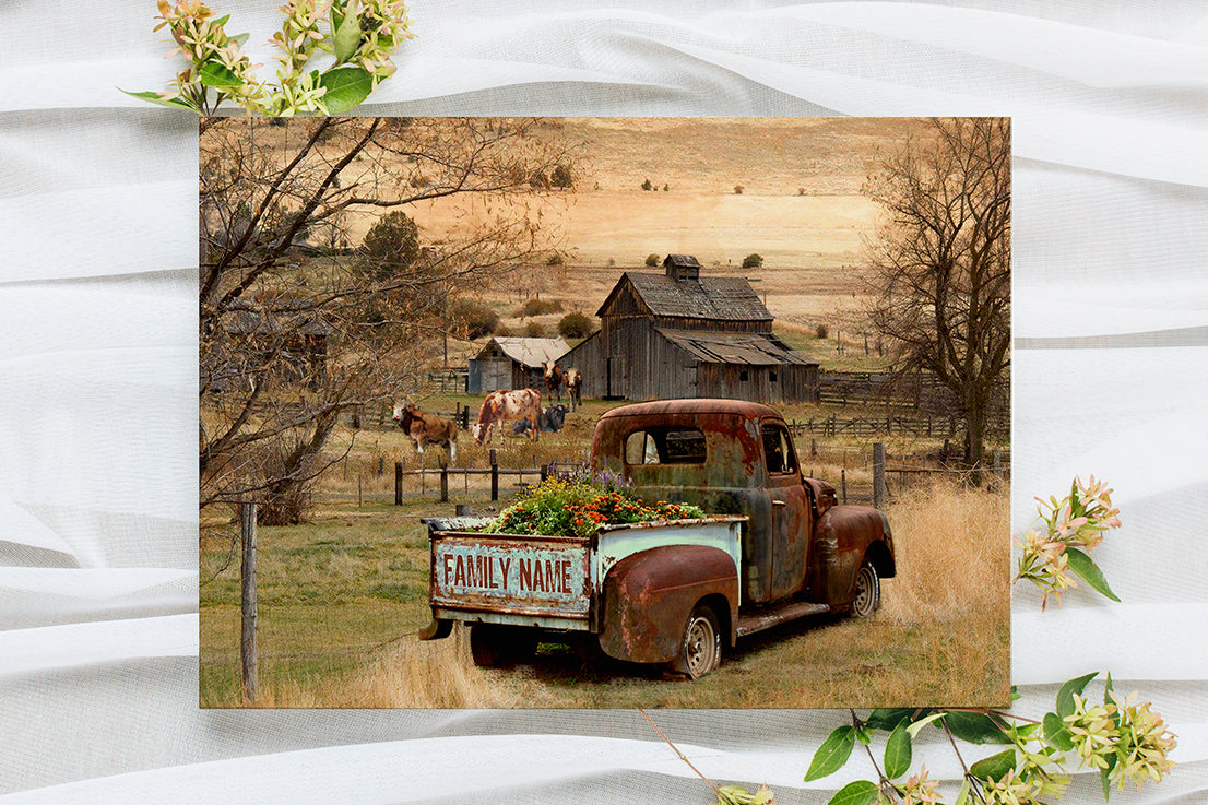 Custom Family Name Yellow Pickup Truck Old Barn And Hereford Cattles