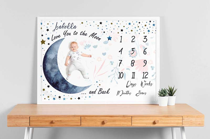 Custom Name Love You Moon Back Baby Monthly Milestone For Newborn Age Month Growth-TT2411