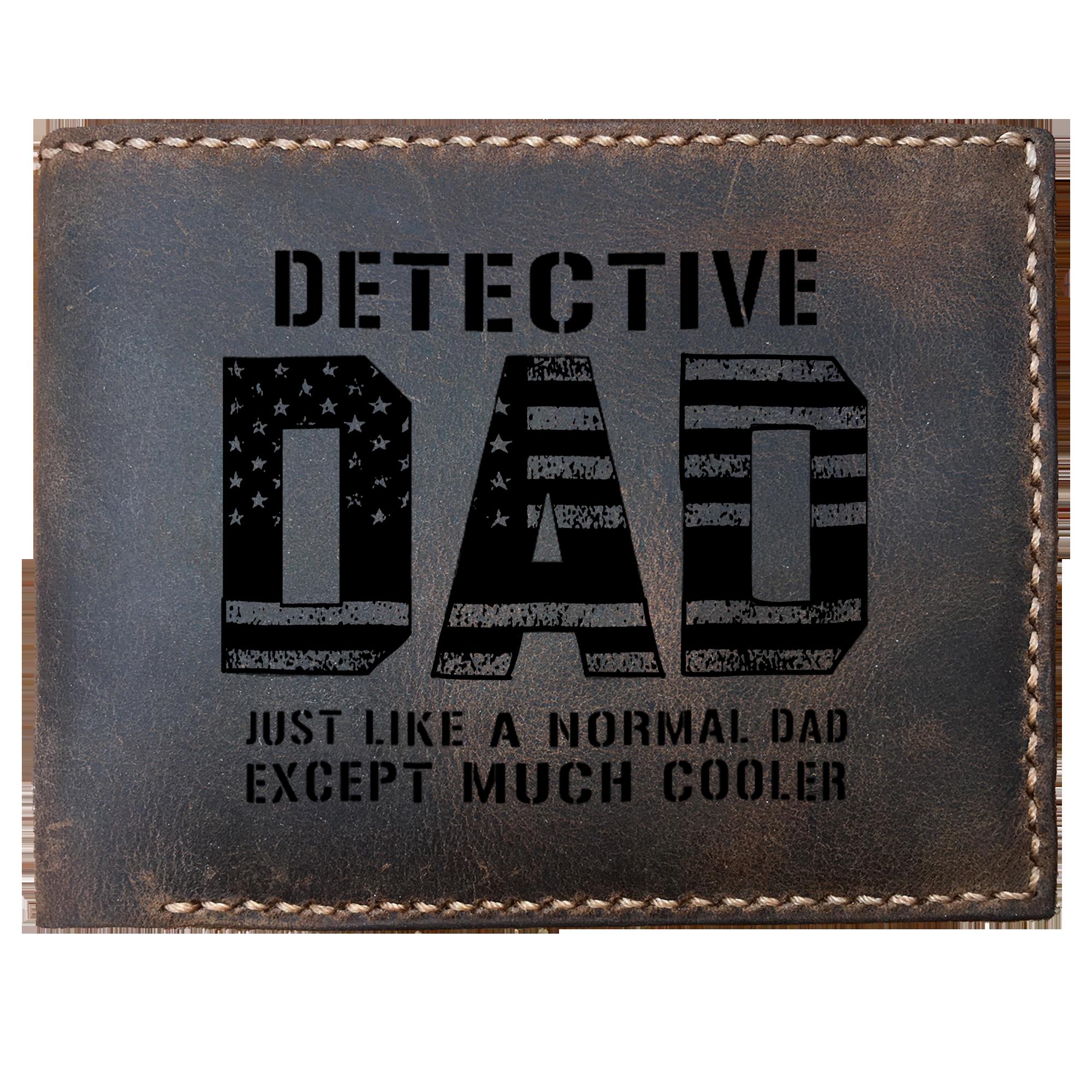 Skitongifts Funny Custom Laser Engraved Bifold Leather Wallet For Men, Detective Dad Is Much Cooler Serve Protect Thin Blue Line