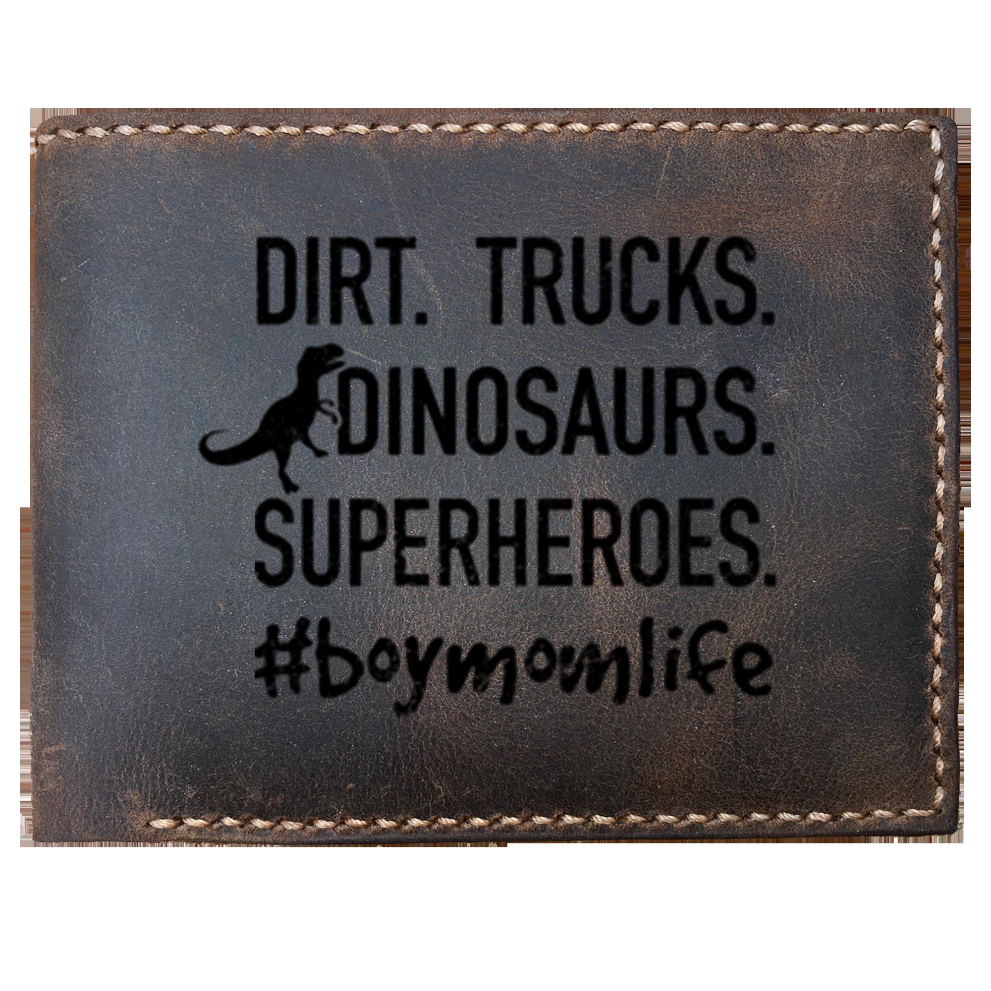 Skitongifts Funny Custom Laser Engraved Bifold Leather Wallet For Men, Dirt Trucks Dinosaurs Superheroes Boy Mom Life