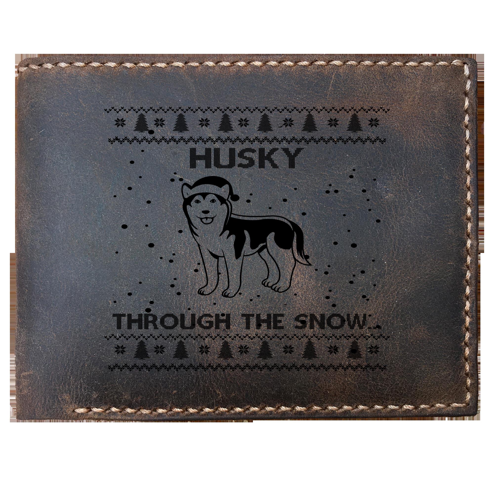 Skitongifts Funny Custom Laser Engraved Bifold Leather Wallet For Men, Dog Lover Christmas Husky Through The Snow