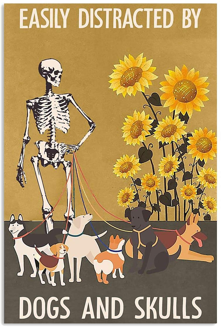 Easily Distracted By Dogs And Skull Spooky Skeleton Sunflower Vintage