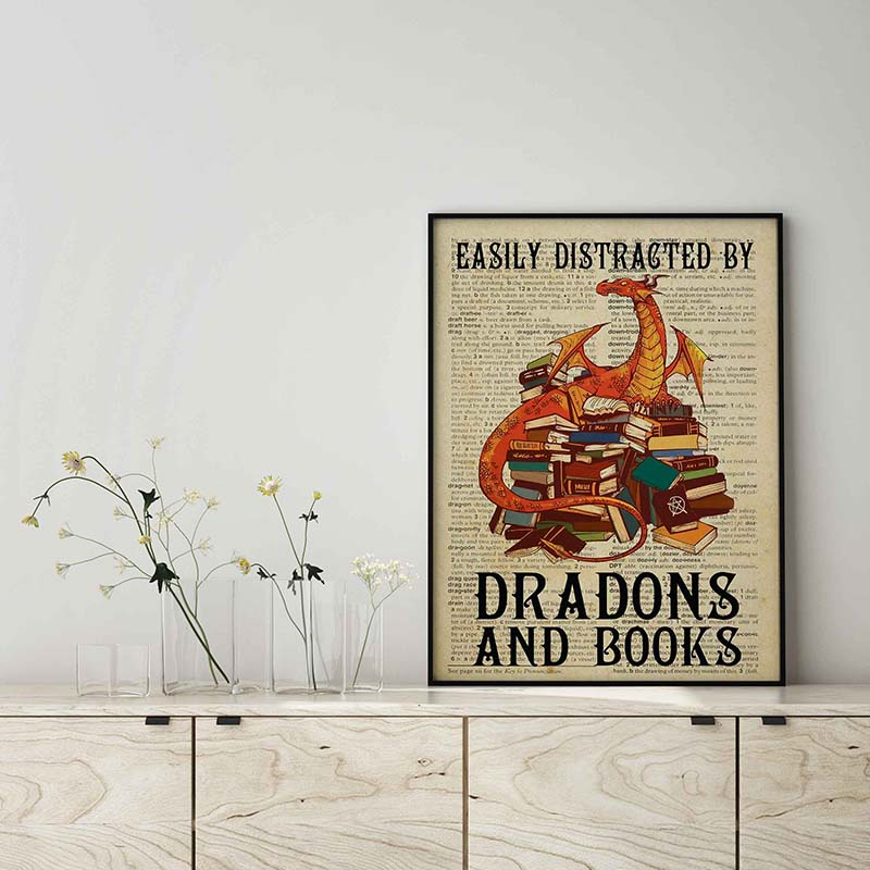 Skitongifts Wall Decoration, Home Decor, Decoration Room Easily Distracted By Dragons And Books TT1003
