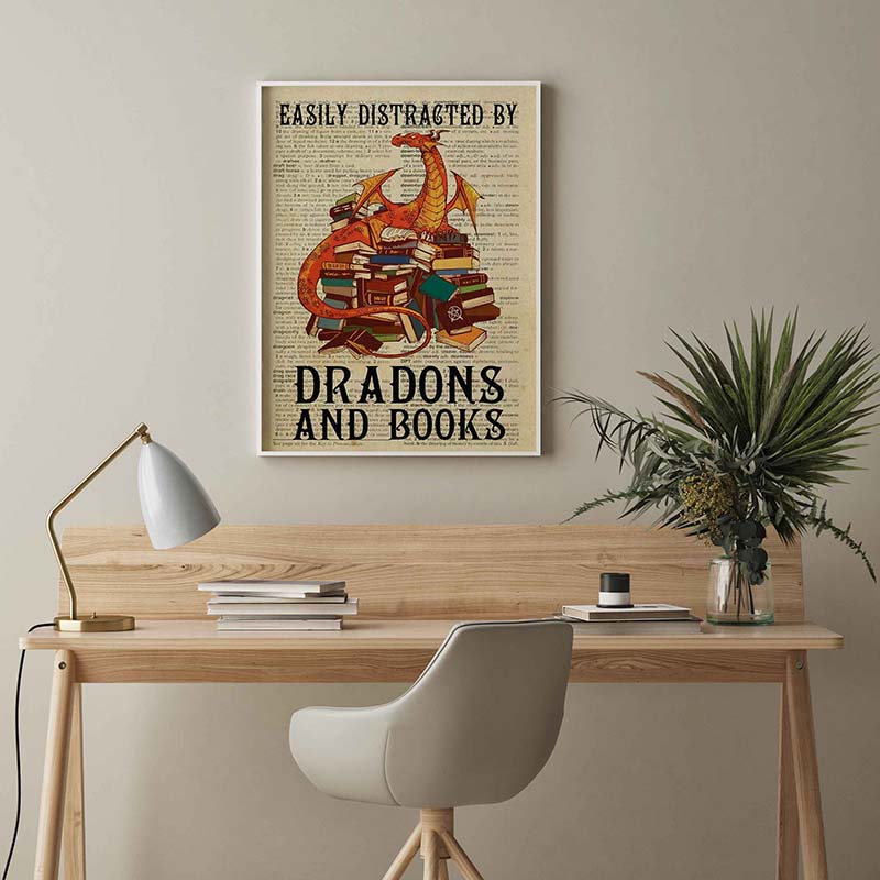 Skitongifts Wall Decoration, Home Decor, Decoration Room Easily Distracted By Dragons And Books TT1003