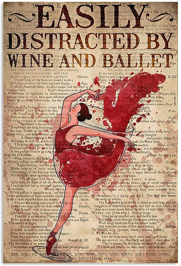 Easily Distracted By Wine And Ballet Imspiring Quote Dancing Girl Woman In Red Dress Vintage