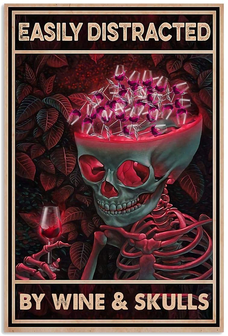Easily Distracted By Wine And Skull Spooky Horror Pink Purple Skull VintageHalloween