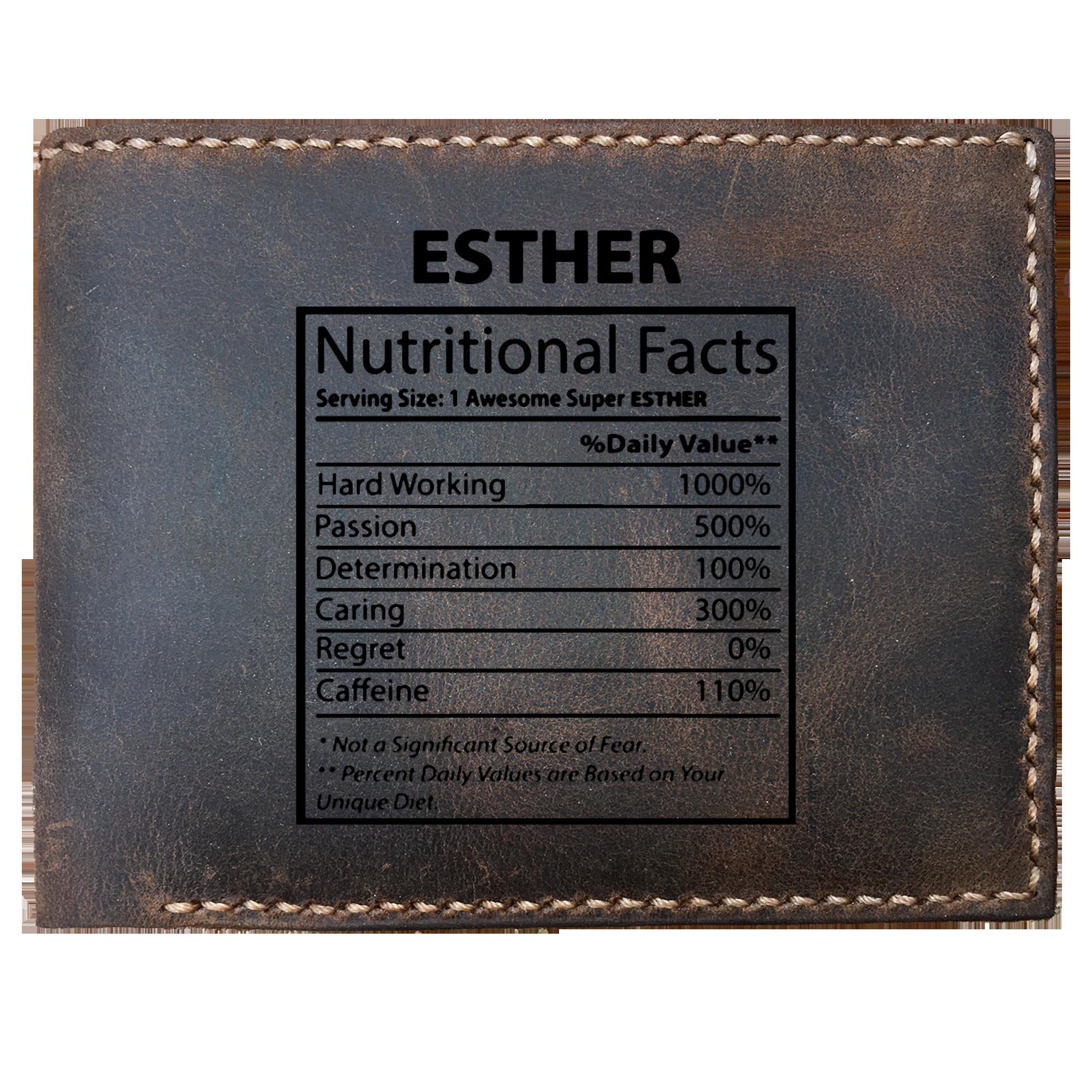 Skitongifts Funny Custom Laser Engraved Bifold Leather Wallet For Men, Esther Nutritional Facts Custom For Esther On Weding Aniversary