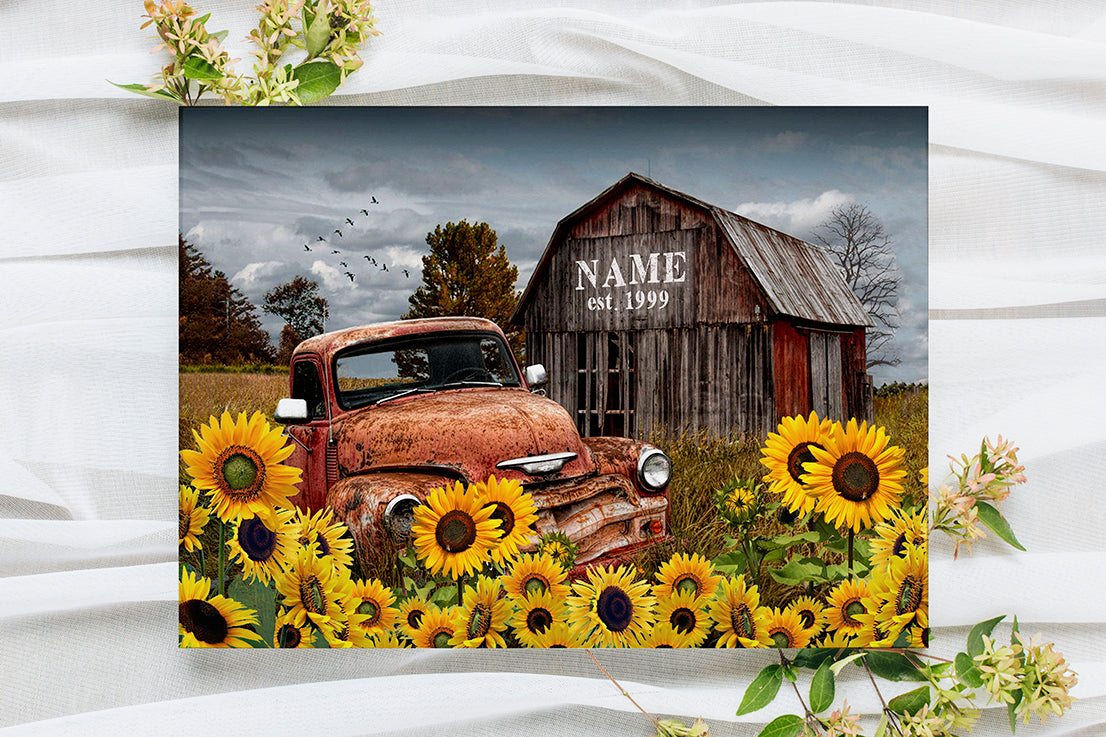 Family Name  With Rustic Pickup Truck And Sunflower