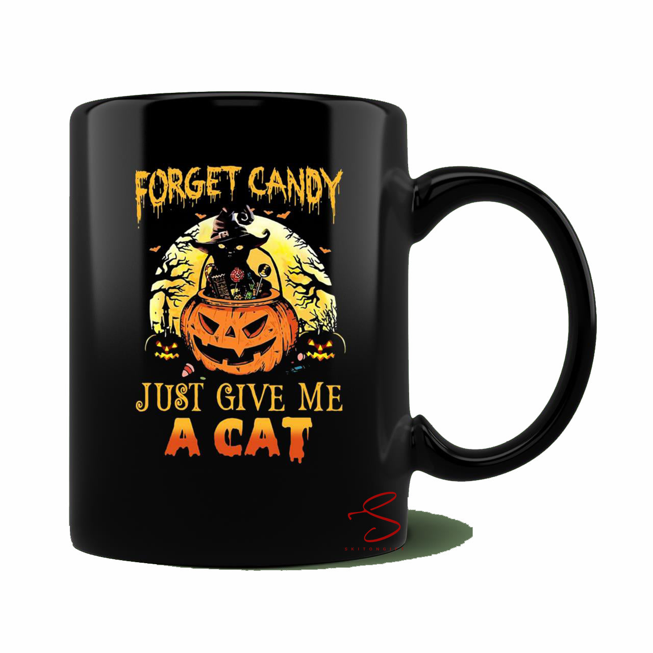 Skitongift Spooky Ceramic Novelty Coffee Mug Forget Candy Just Give Me A Cat Halloween Mug