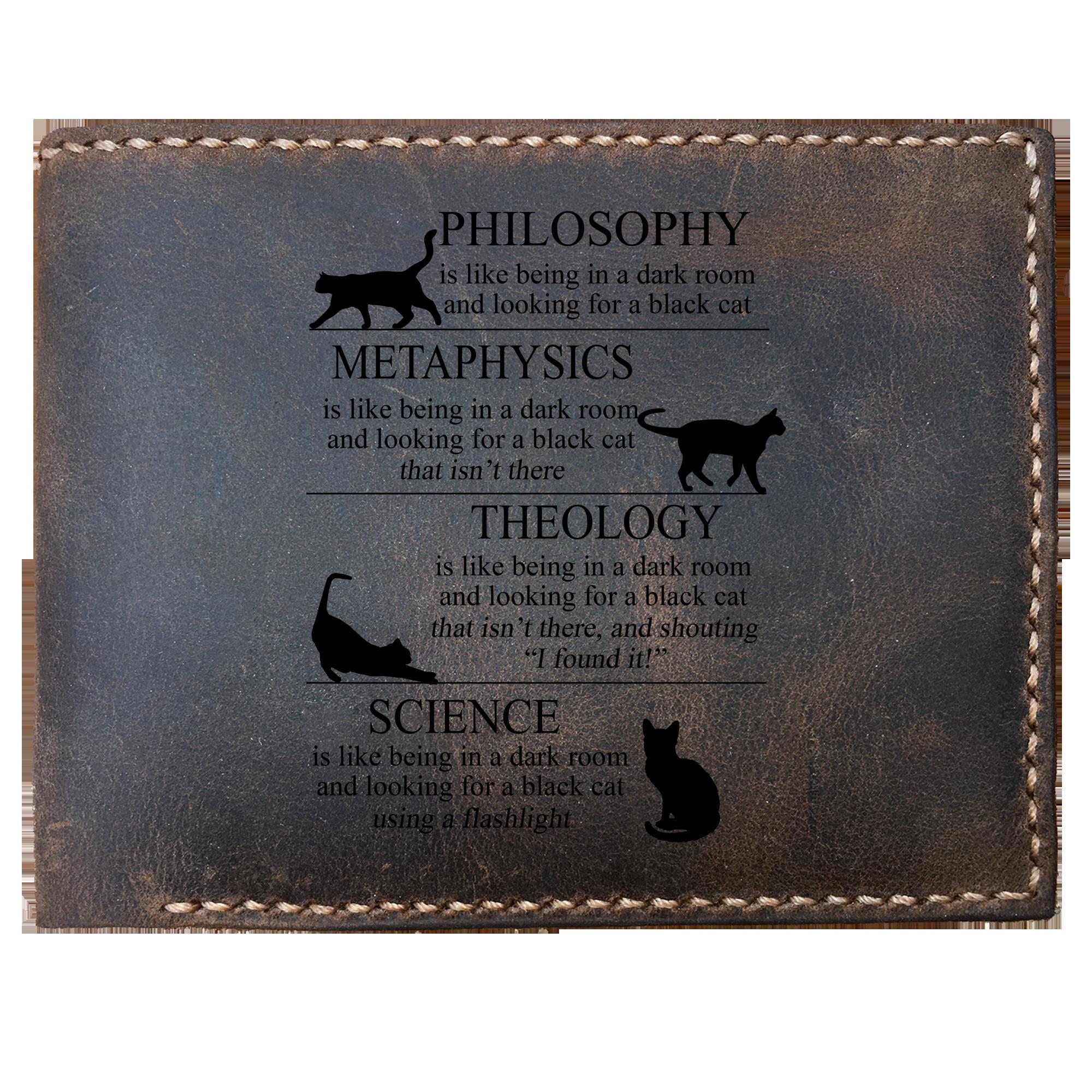 Skitongifts Funny Custom Laser Engraved Bifold Leather Wallet For Men, Funny Education Cat Philosophy Science Theology