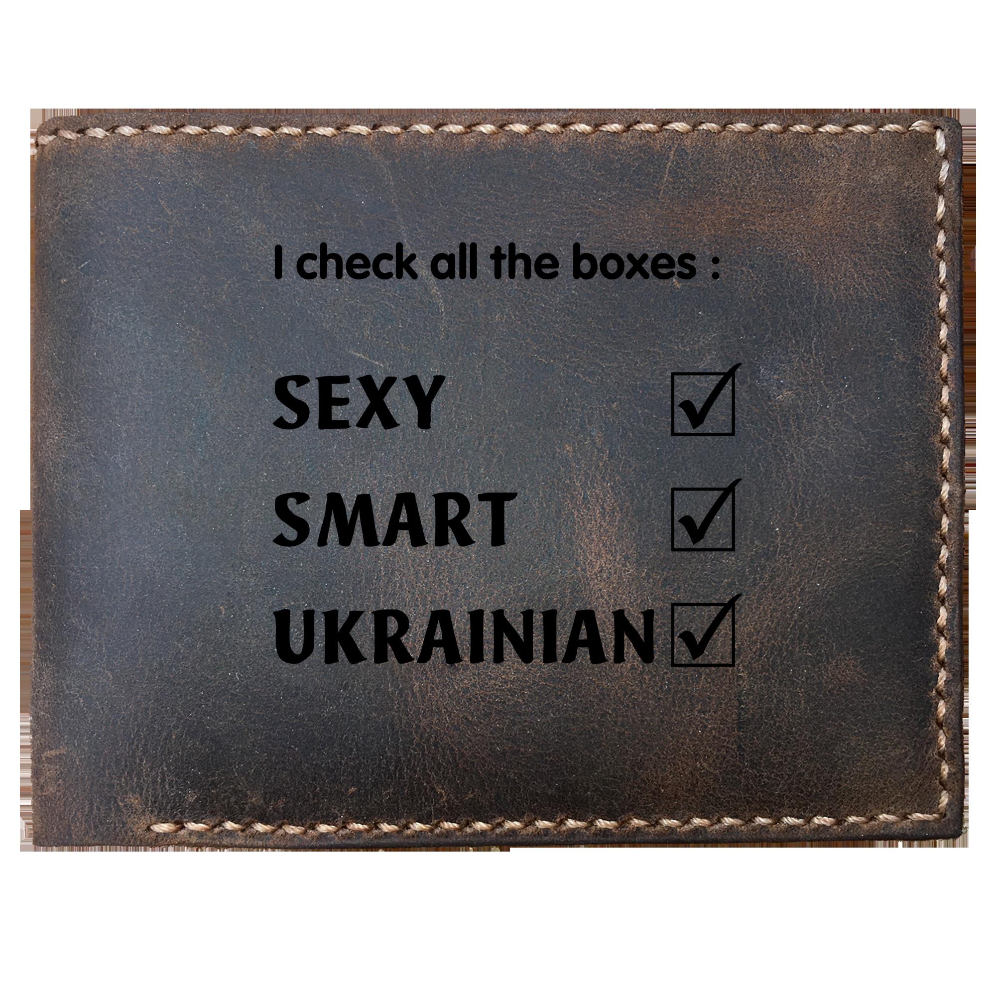 Skitongifts Funny Custom Laser Engraved Bifold Leather Wallet For Men, Funny For Ukrainian. Check All Boxes Sexy Smart Ukrainian