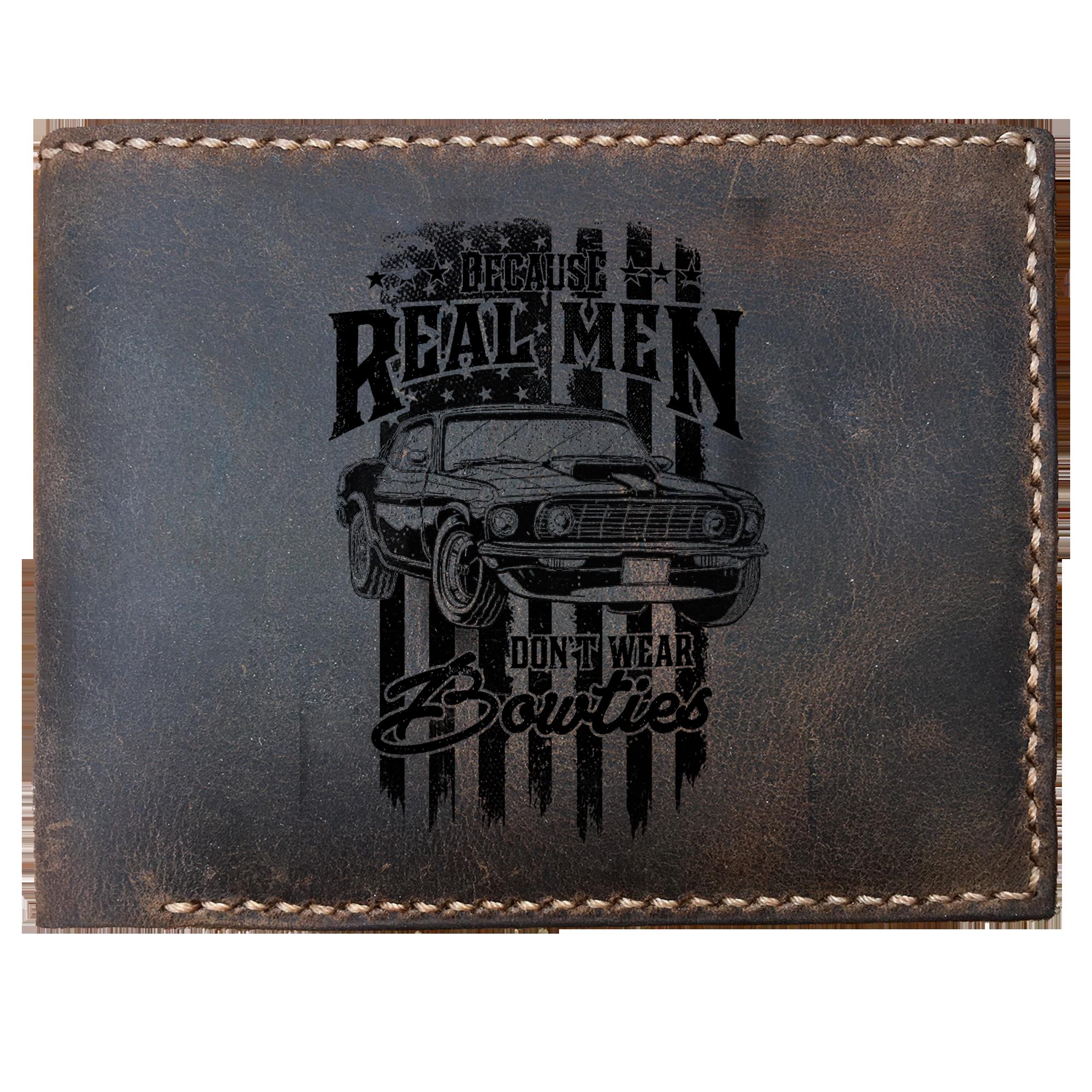 Skitongifts Funny Custom Laser Engraved Bifold Leather Wallet For Men, Funny Mustang Real Men Dont Wear Bowties Black