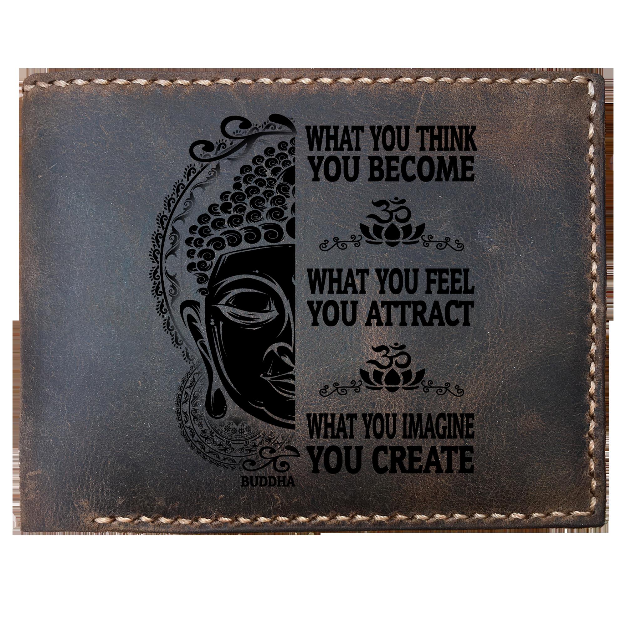 Skitongifts Funny Custom Laser Engraved Bifold Leather Wallet For Men, Funny Yoga Buddha What You Think You Become