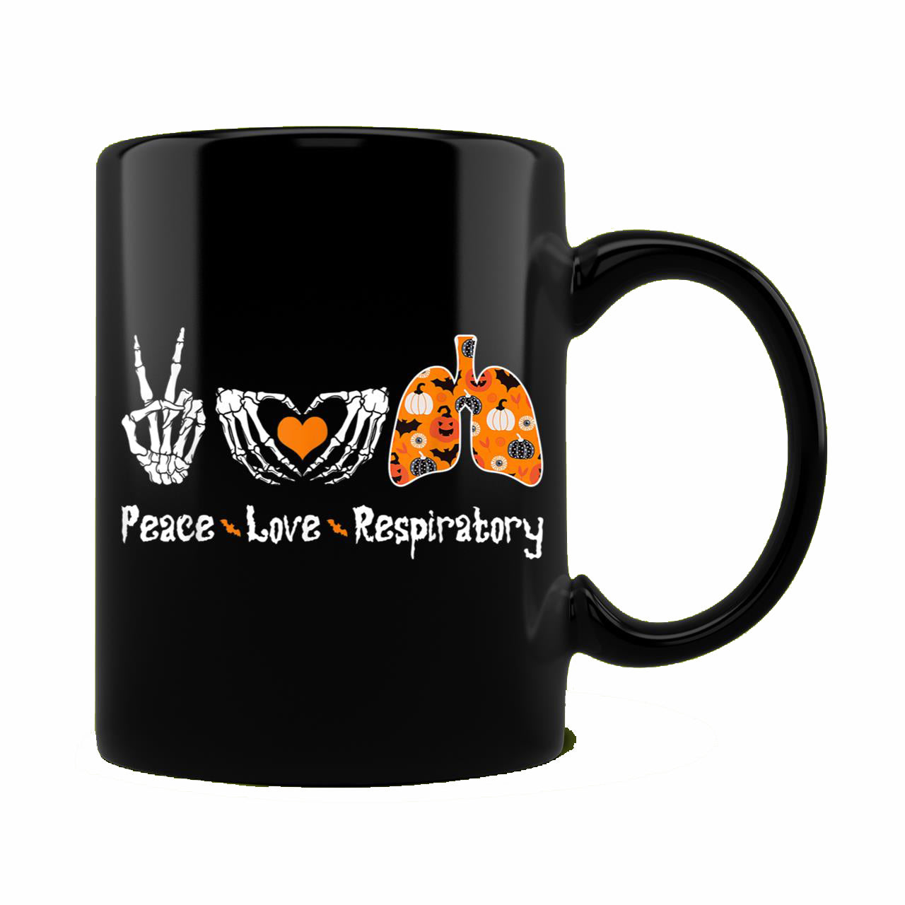 Skitongift Ceramic Novelty Coffee Mug Funny Spooky Halloween Mug Peace Love Respiratory Therapist Skeleton