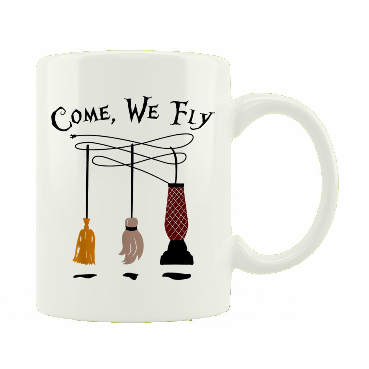 Skitongift Ceramic Novelty Coffee Mug Funny Spooky Halloween Shirts Come We Fly Witch Mop Broom Vacuum Flying Mug
