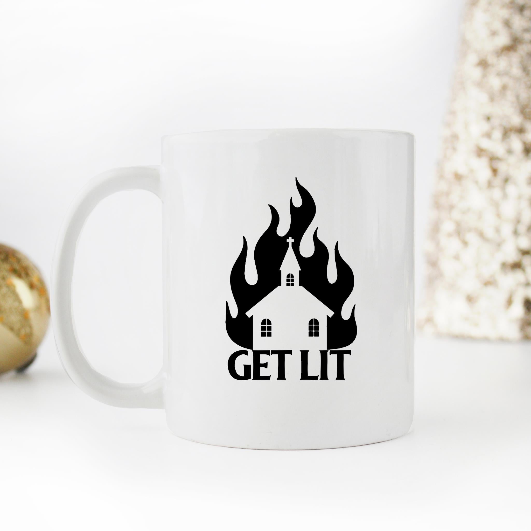 Skitongifts Funny Ceramic Novelty Coffee Mug Get Lit Stay Lit Burning Church Antireligion Satan Worshipers KNLuz6L