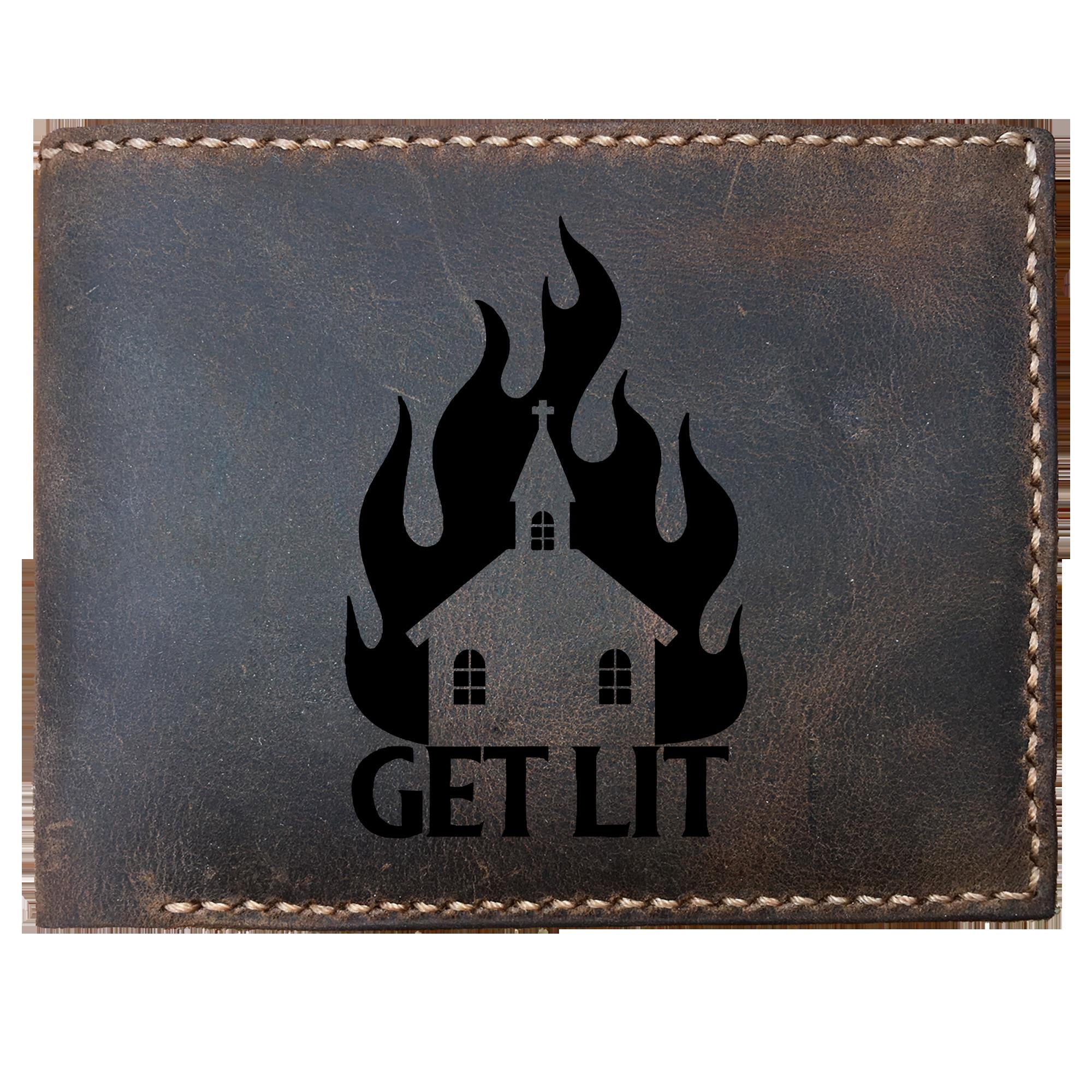 Skitongifts Funny Custom Laser Engraved Bifold Leather Wallet For Men, Get Lit Stay Lit Burning Church Antireligion Satan Worshipers