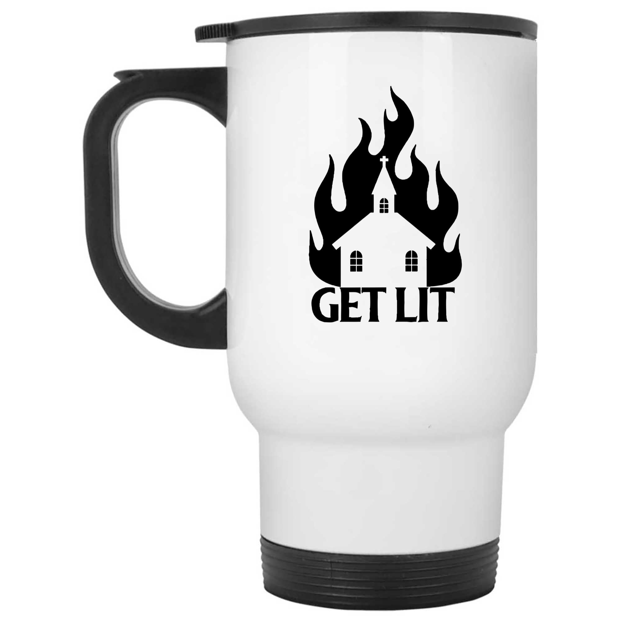 Skitongifts Funny Ceramic Novelty Coffee Mug Get Lit Stay Lit Burning Church Antireligion Satan Worshipers KNLuz6L