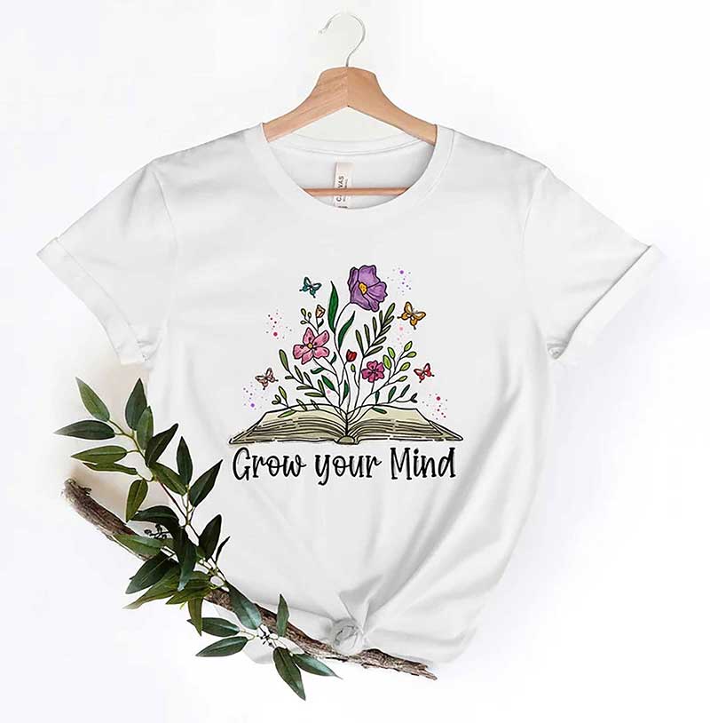 Skitongift Grow Your Mind T Shirt Boho Wildflower Book Tee Summer Spring Aesthetic Floral Clothing Botanical Reading T Shirt Gift for Book Lovers