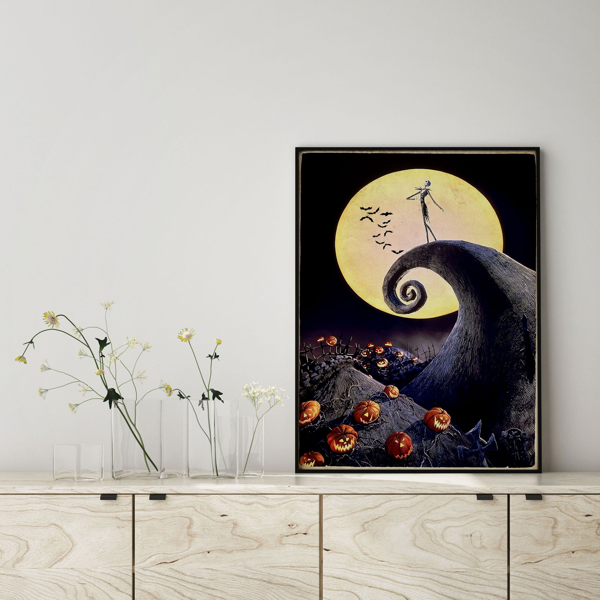 Halloween Scary Bats Pumpkin Patch Full Moonlight Abstract