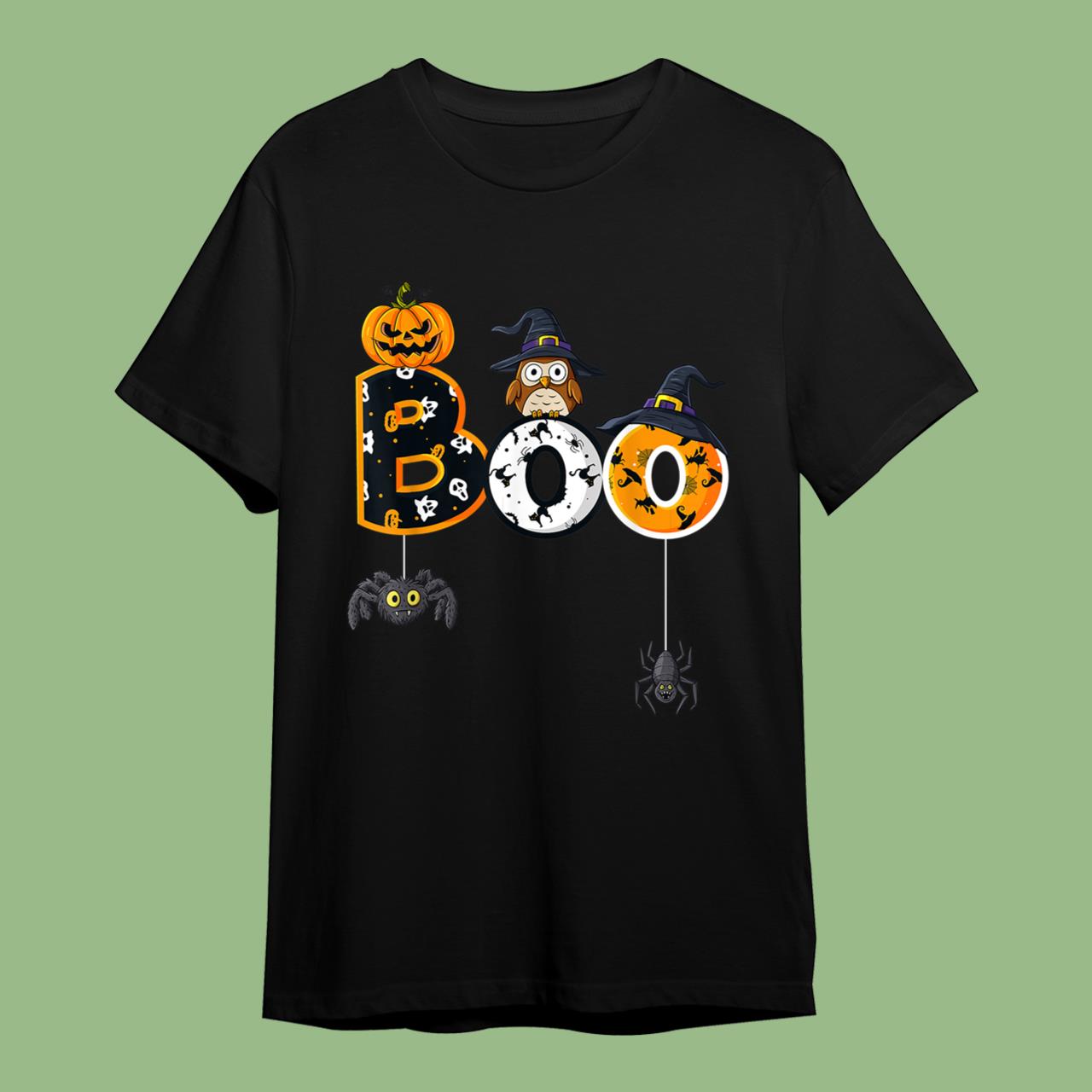 Skitongift Halloween Boo Owl With Witch Hat Spiders T-Shirt