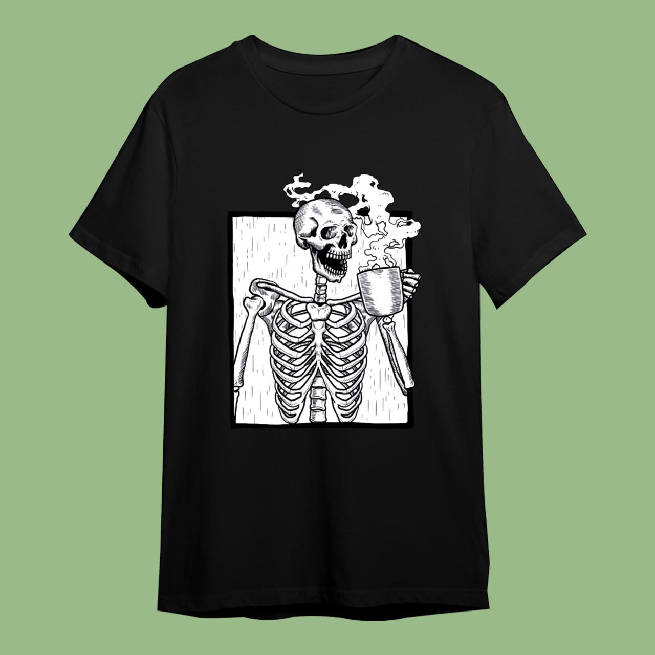 Skitongift Halloween Coffee Drinking Skeleton Skull T-Shirt