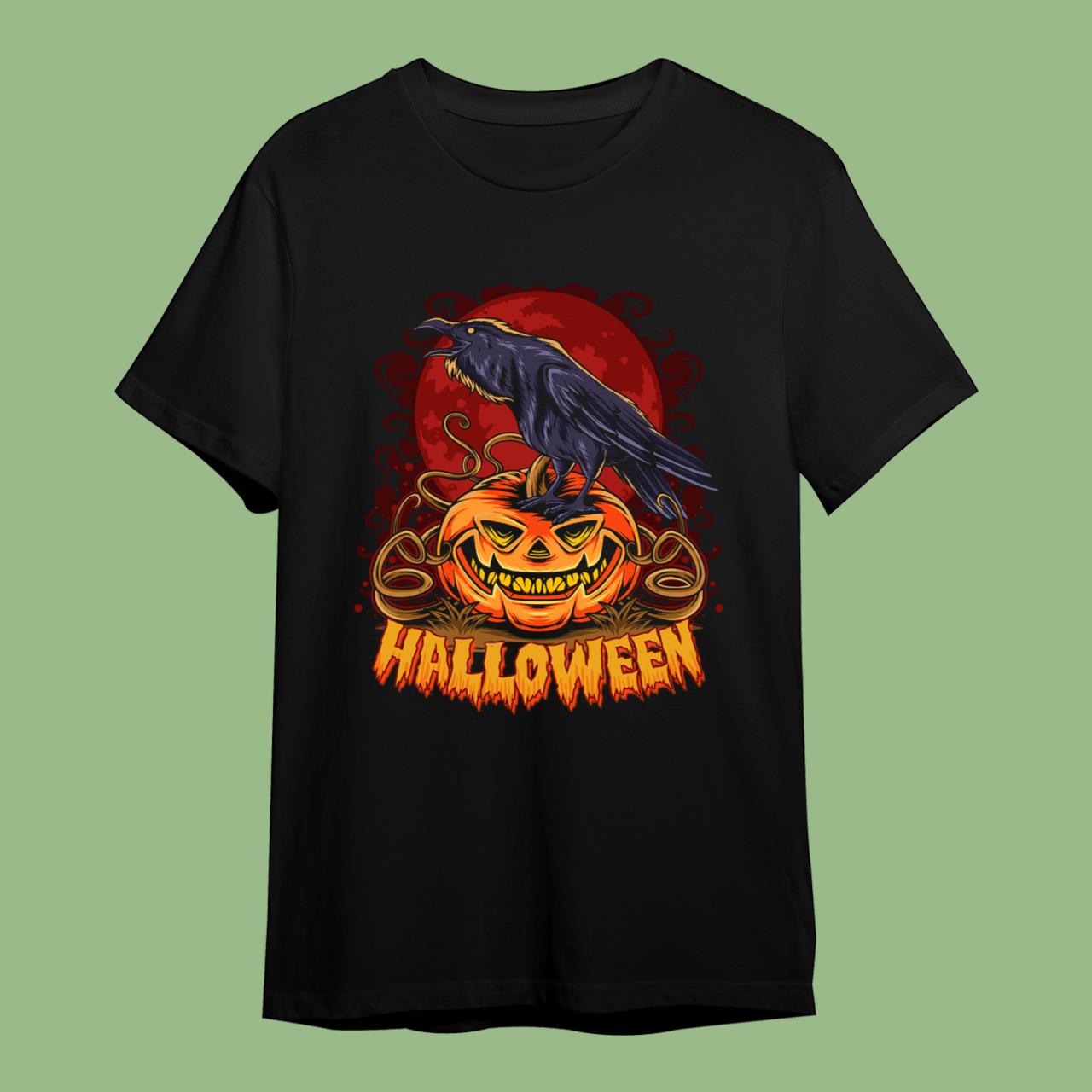 Skitongift Halloween Crow On Halloween Pumpkin On Full Moon Shirt