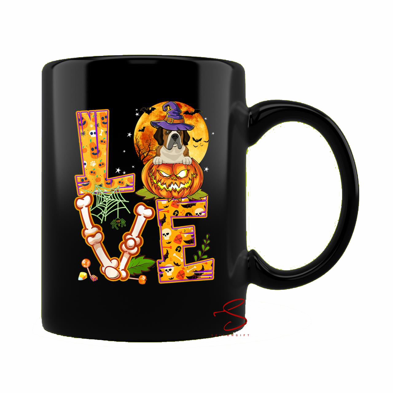 Skitongift Ceramic Novelty Coffee Mug Spooky Halloween Dog Mug Love St Bernard Witch Pumpkin Scary Spooky Halloween Dog Lovers