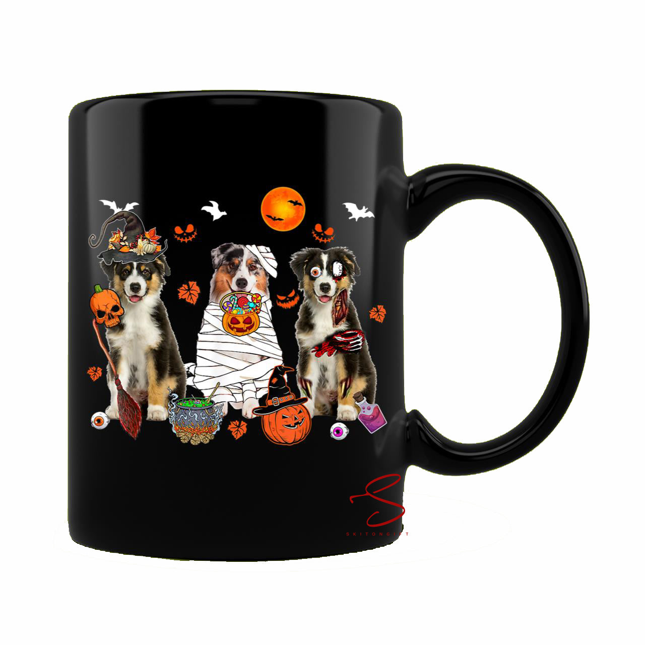 Skitongift Ceramic Novelty Coffee Mug Spooky Halloween Dog Mug Three Australian Shepherd Dogs Witch Scary Mummy Spooky Halloween