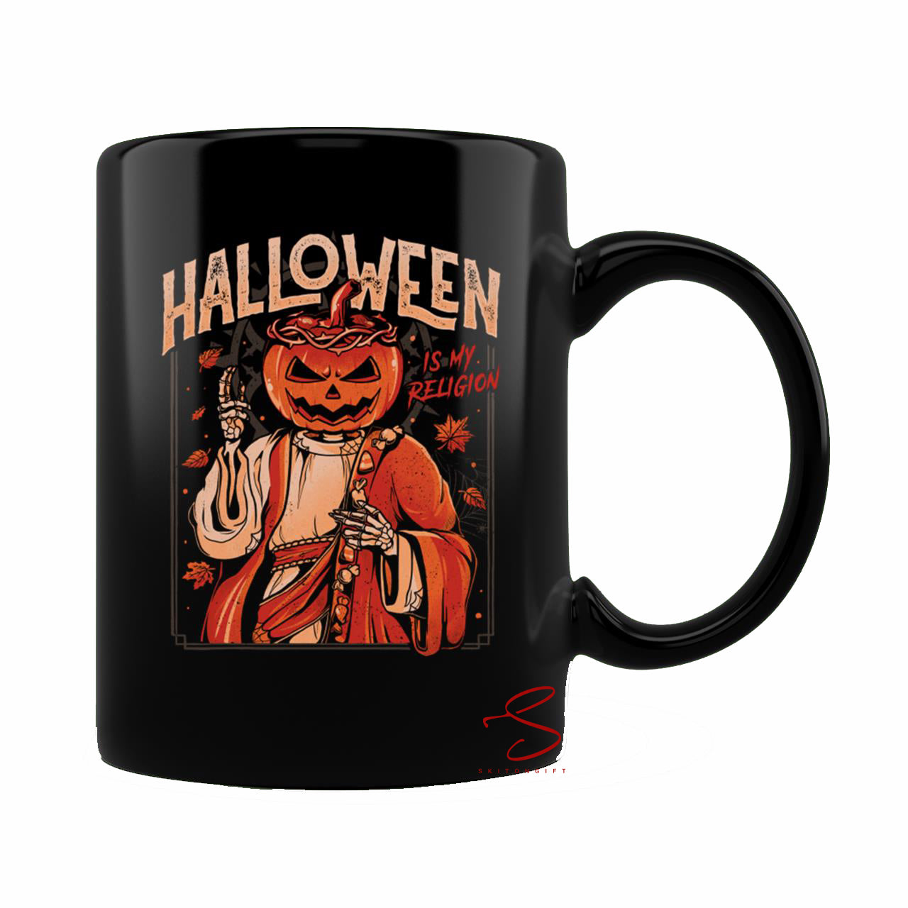 Skitongift Spooky Ceramic Novelty Coffee Mug Halloween Is My Religion Pumpkin Skull Gift Mug