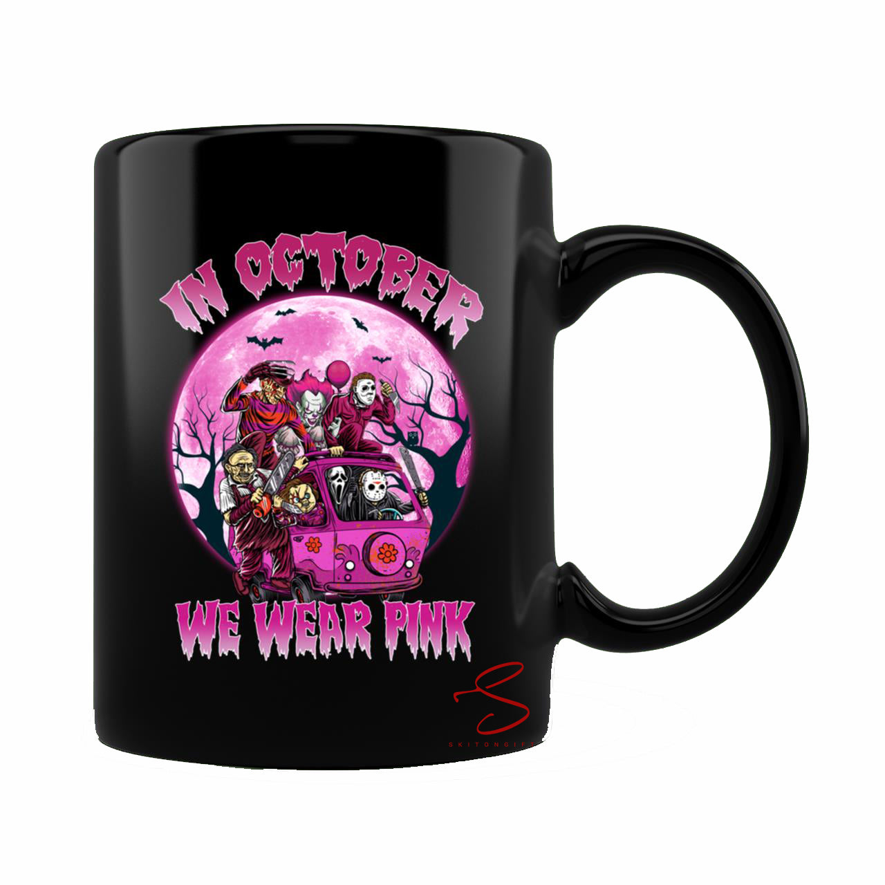 Skitongift Ceramic Novelty Coffee Mug Spooky Halloween Mug Funny Horror Movie Spooky Halloween In October We Wear Pink