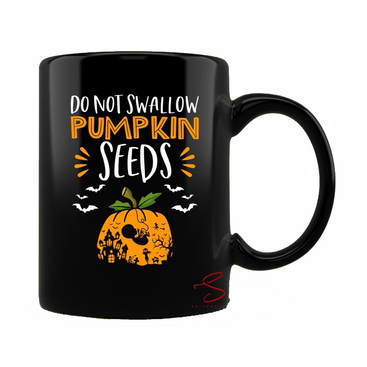 Skitongift Spooky Ceramic Novelty Coffee Mug Halloween Pregnancy Mug Do Not Swallow Pumpkin Seeds Halloween Pregnancy