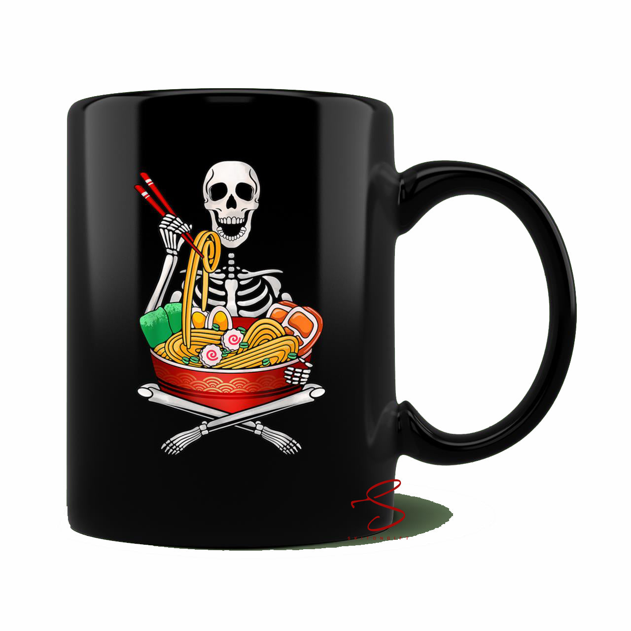 Skitongift Spooky Ceramic Novelty Coffee Mug Halloween Skeleton Anime Japanese Food Ramen Lovers Mug