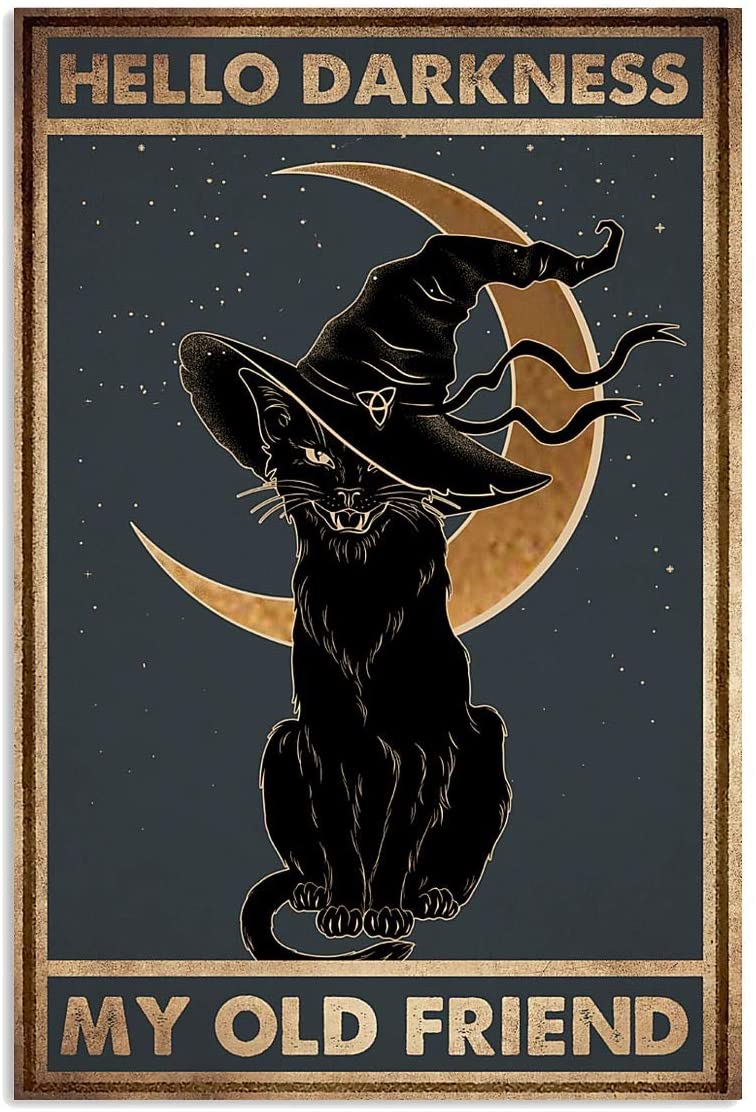 Hello Darkness My Old Friend Black Cat Witch Hat Missing Moon