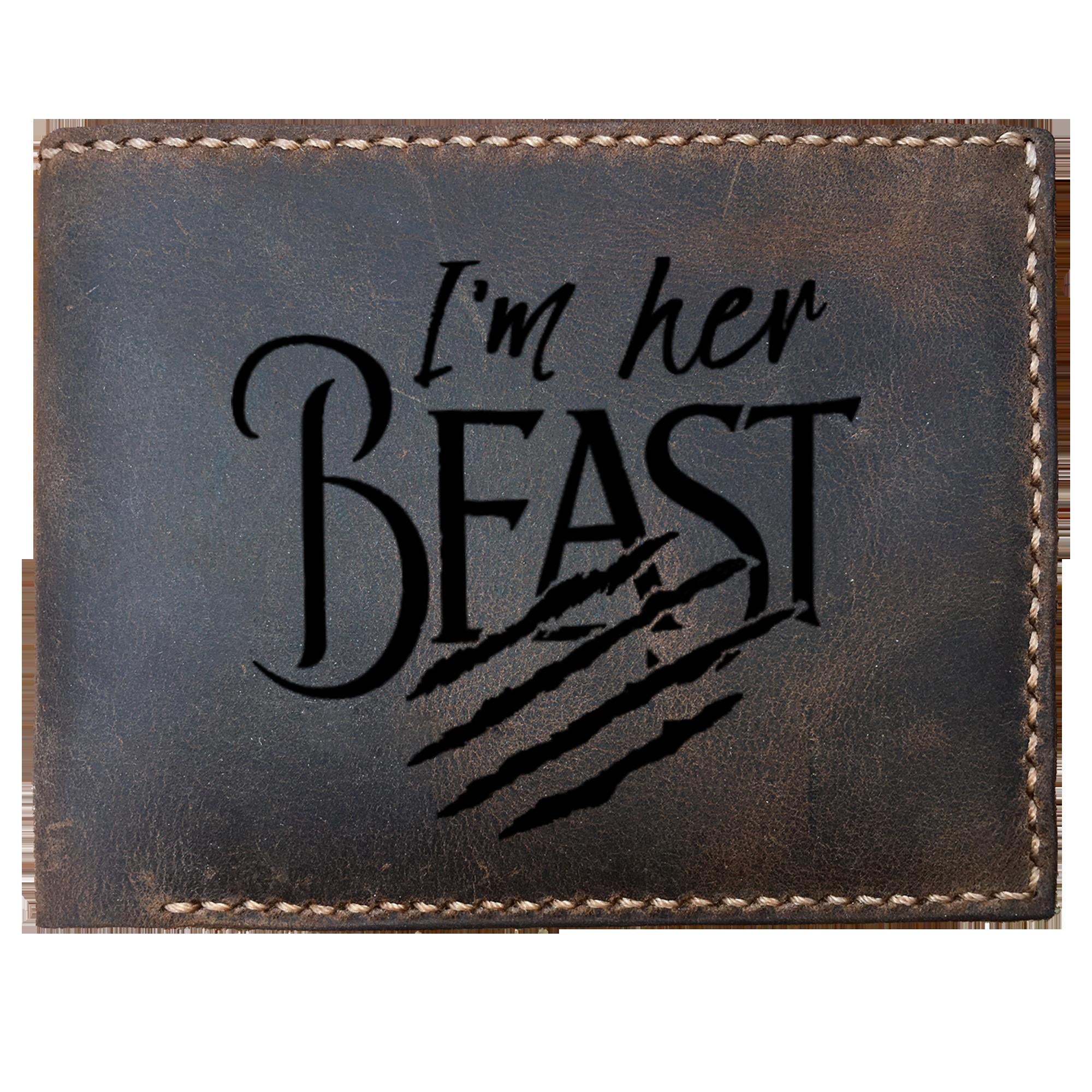 Skitongifts Funny Custom Laser Engraved Bifold Leather Wallet For Men, Her Beast Funny Humorous And Cute Couple With Couples