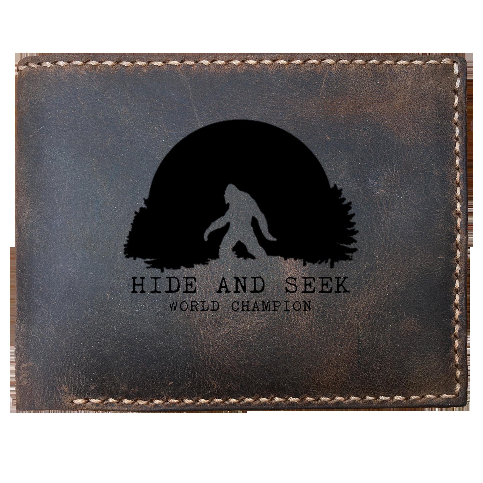 Skitongifts Funny Custom Laser Engraved Bifold Leather Wallet For Men, Hide And Seek World Champion Bigfoot Camping Sunset