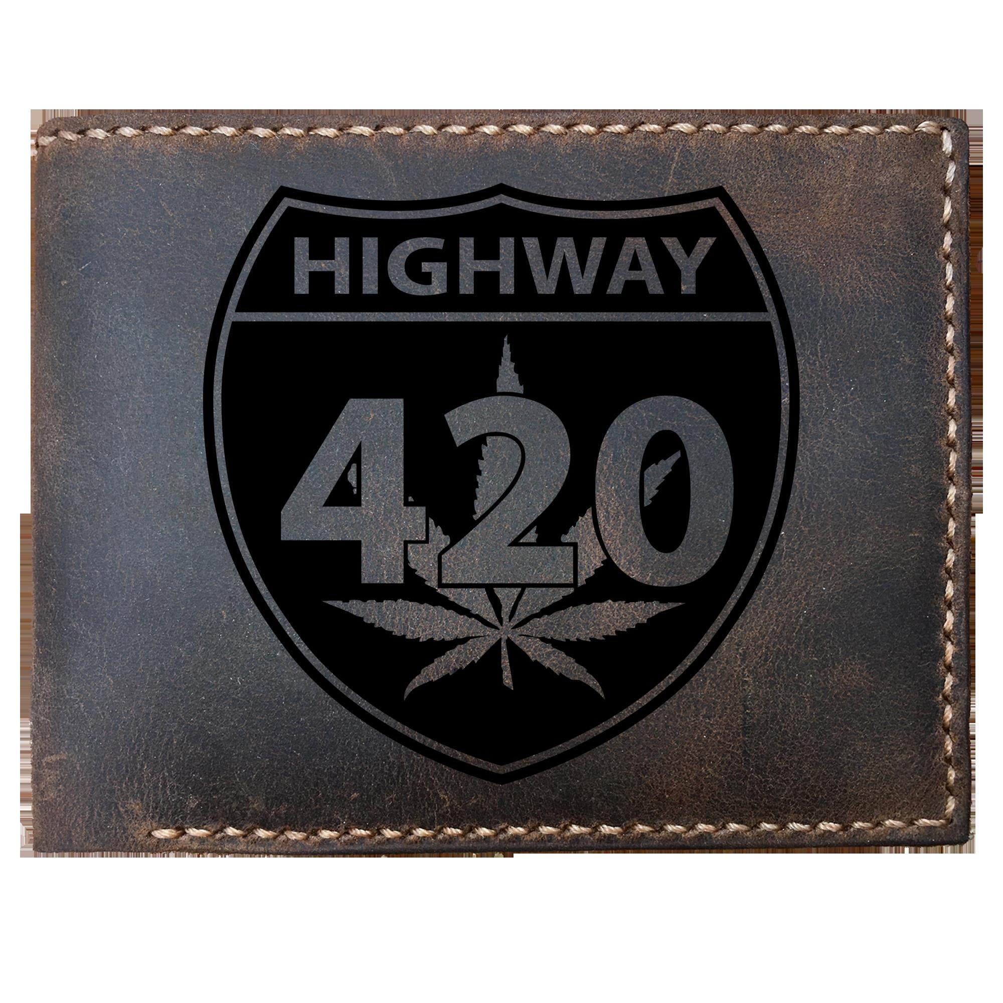 Skitongifts Funny Custom Laser Engraved Bifold Leather Wallet For Men, Highway 420, Pot, Grass, Weed