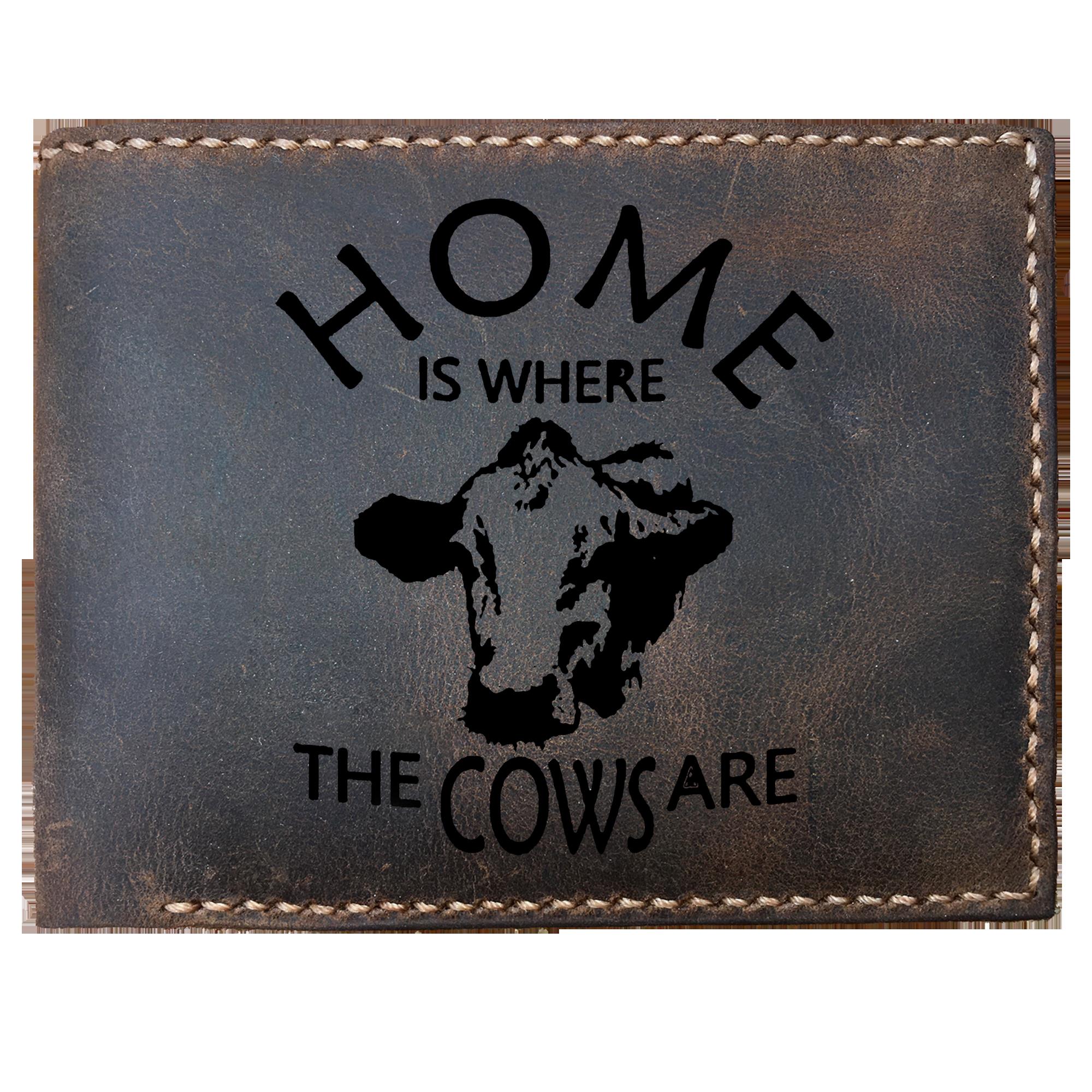 Skitongifts Funny Custom Laser Engraved Bifold Leather Wallet For Men, Home Is Where The Cows Are