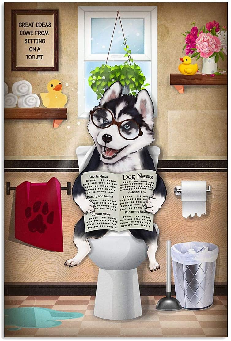 Husky Dog Read Newspaper Toilet Bathroom Funny