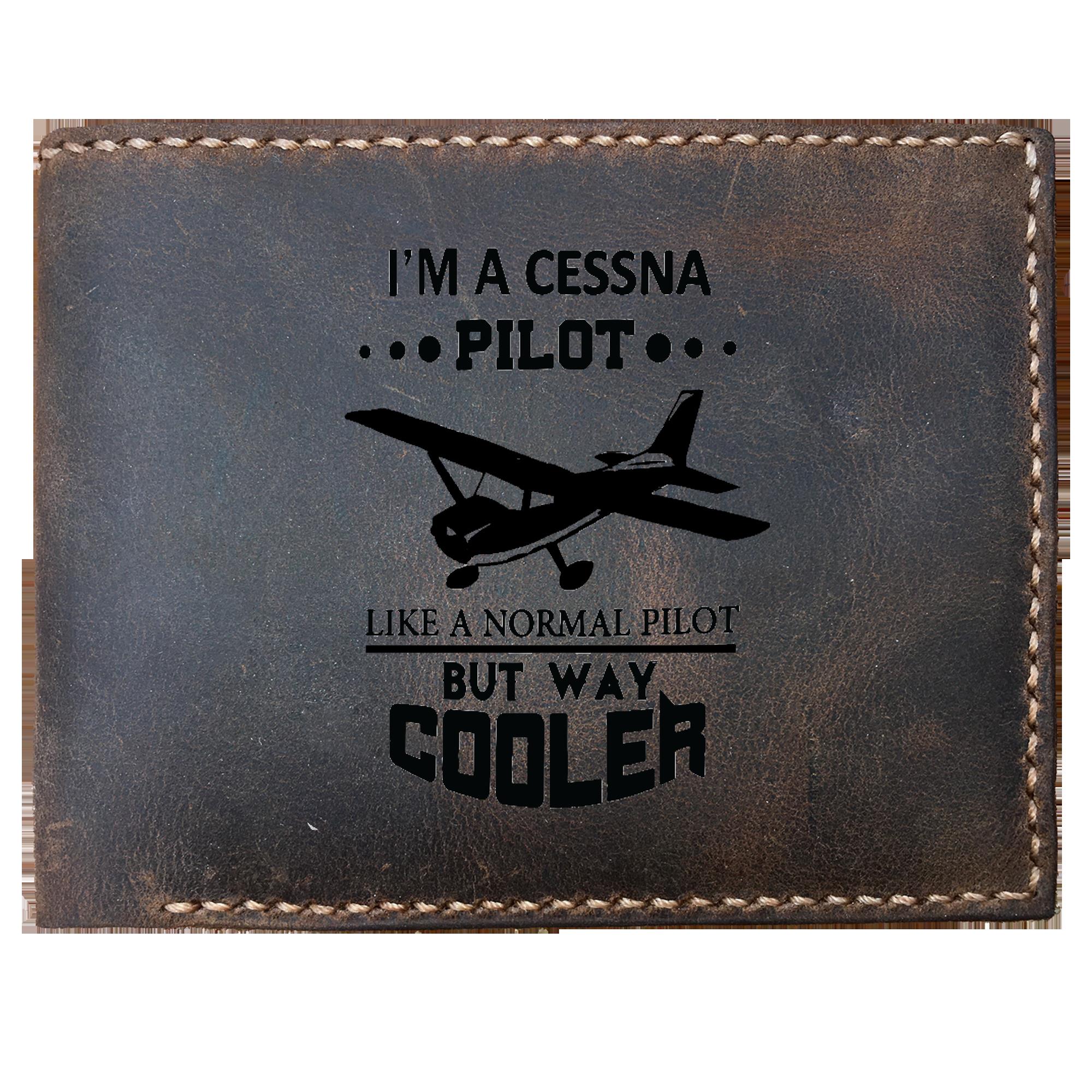 Skitongifts Funny Custom Laser Engraved Bifold Leather Wallet For Men, I'm A Cessna Pilot But Way Cooler